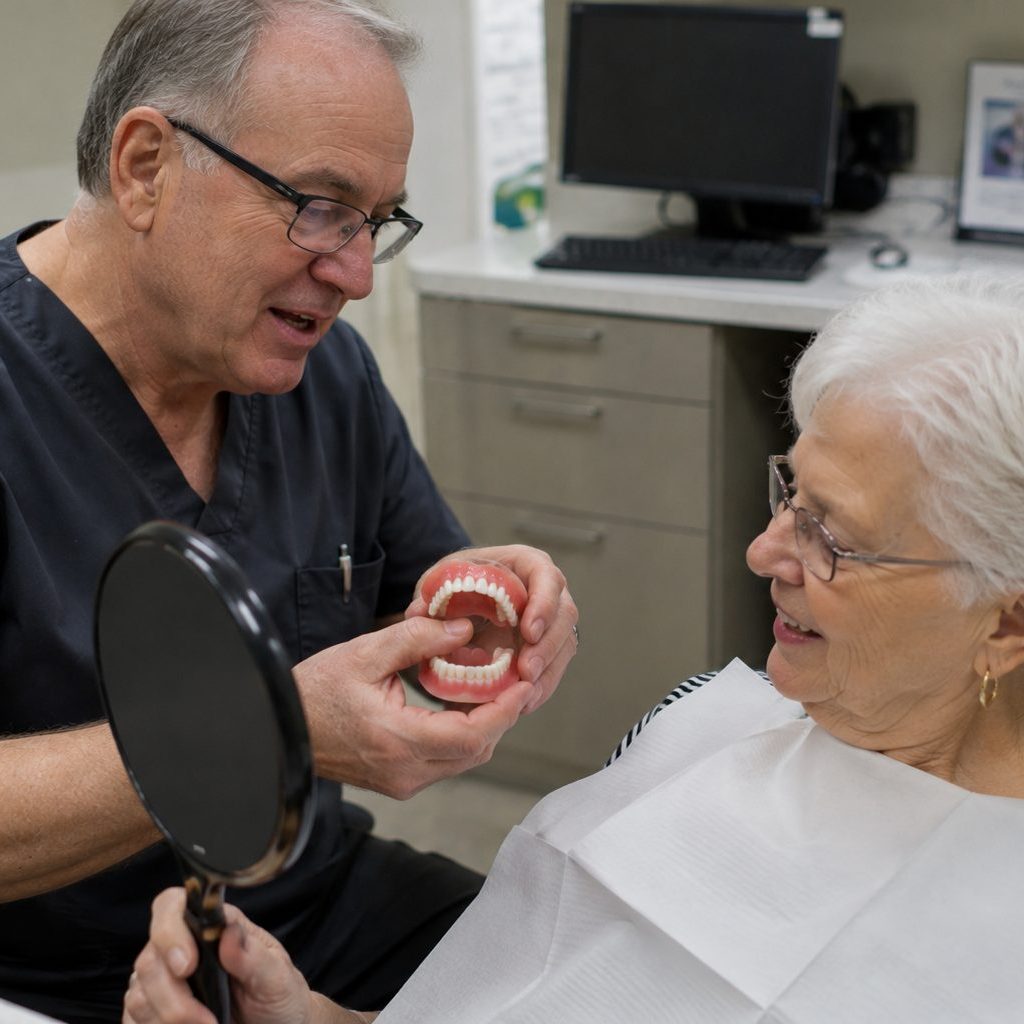 Dentist showing a full set of dentures to a smiling older patient in the treatment room