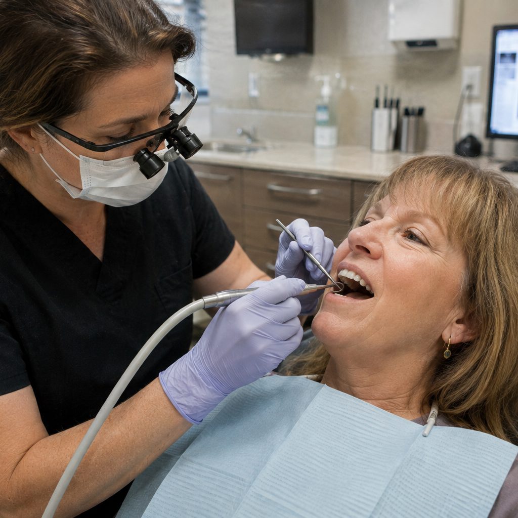 Hygienist in loupes cleaning a patient's teeth, dental X-rays on the monitor behind