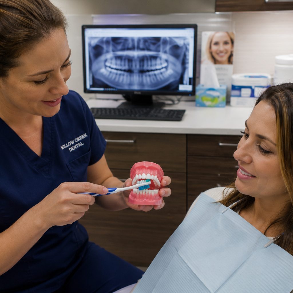 Hygienist demonstrating brushing technique on a model of the teeth to a seated patient