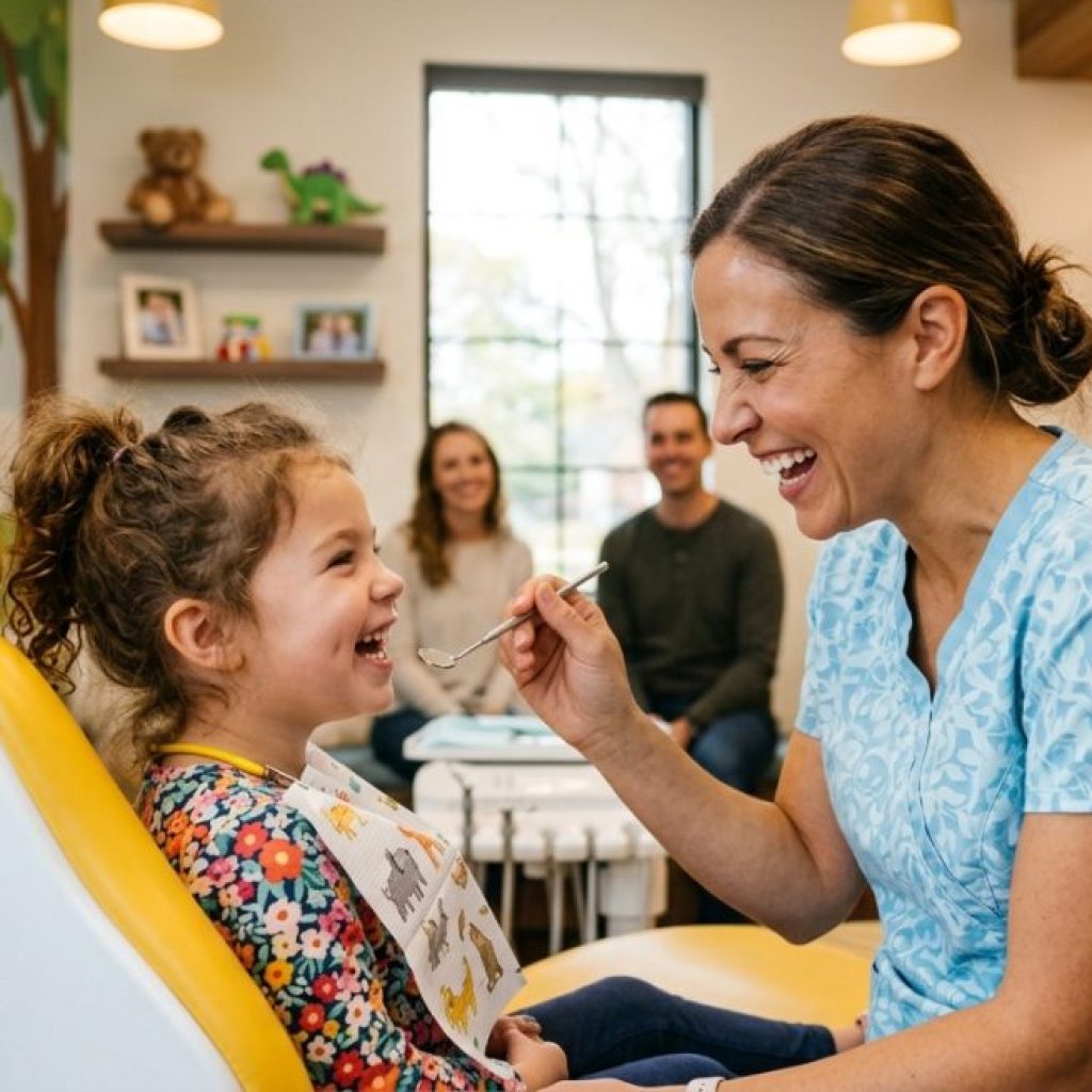 Pediatric dentist and young patient at Woolwich Dental Group A smiling child in a paediatric dental chair with a hygienist, parents watching from behind